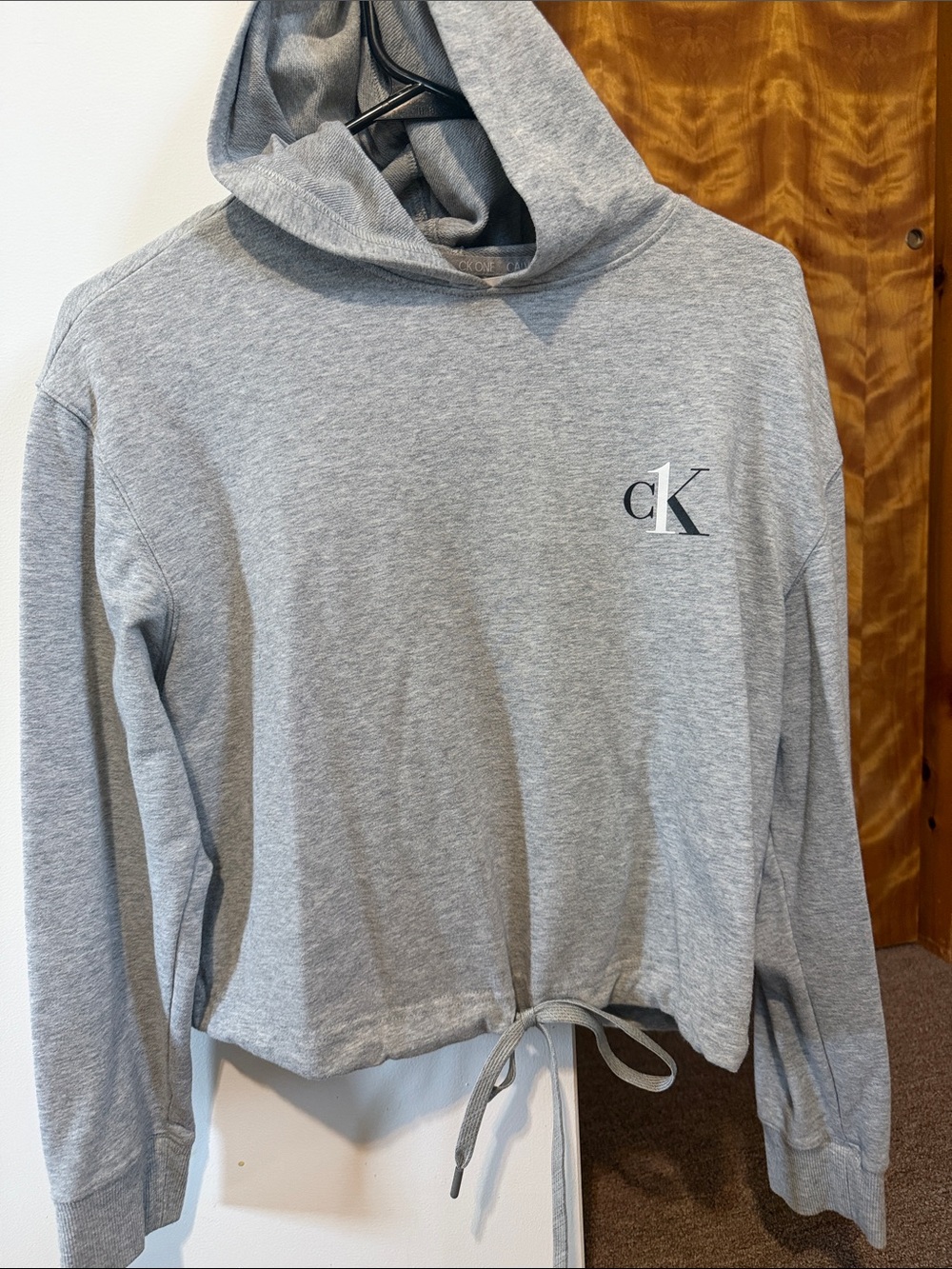 Calvin Klein Light Gray Cropped Drawstring Hoodie Sweater